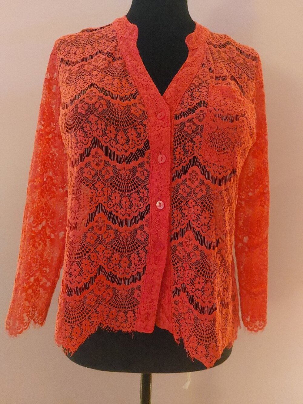 CATO Vibrant Red Orange Lace Long Sleeve Blouse Small